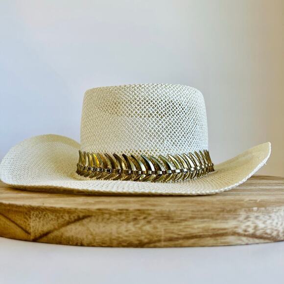 USA Vintage 90s Woven Sun Hat With Metal Golden Spiked Band Hat Size Small - Picture 1 of 14